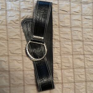 Stylish Black Embossed Leather Belt with large Silver Buckle